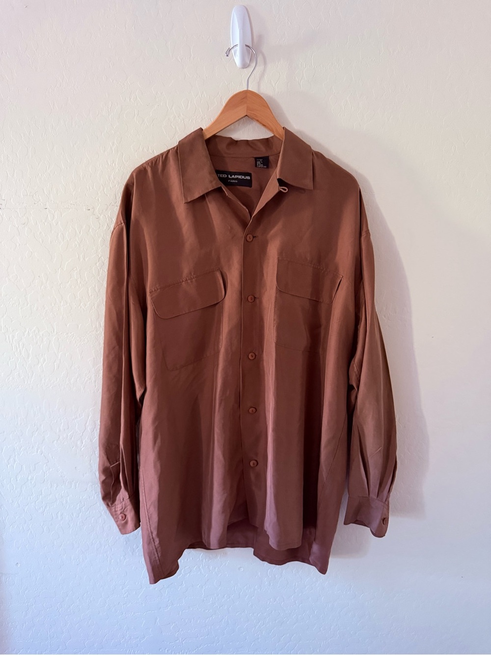 Ted Lapidus Paris 100% Silk Brown Button Front Shirt Men’s Large Luxury